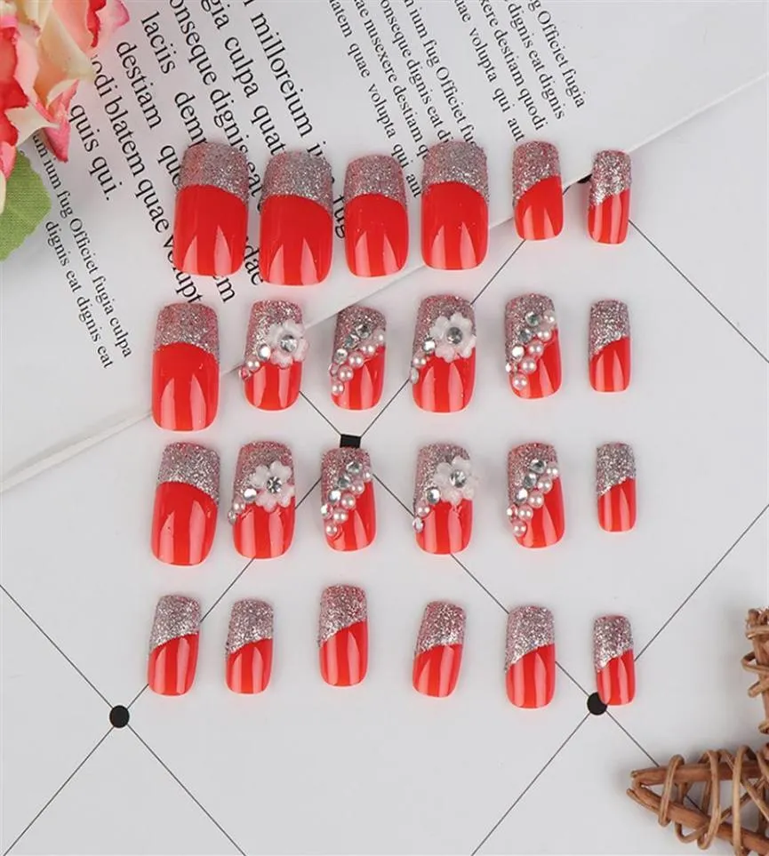 24pcs set Press On Nails Fresh Style Flowers Printing Artificial Nails Design Red Fake Nail With Glue Nail Tips228Y9759443