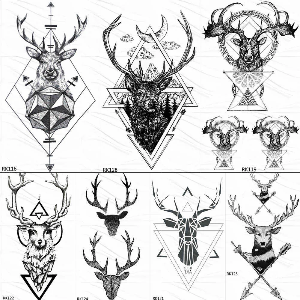 Temporary Tattoos OMMGO Geometric Elk Antlers Temporary Triangle Tattoos Round Arrow Deer Rhombus Tattoo Body Art Arm Black Fake 3D Tatoos Sticker Z0403