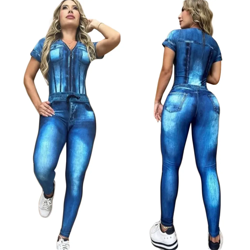 Bulk groothandel 2-delige sets tracksuits ontwerper dames outfits nep Jean bedrukte v-hals zip shirt top potlood jean broek casual tracksuits 9644