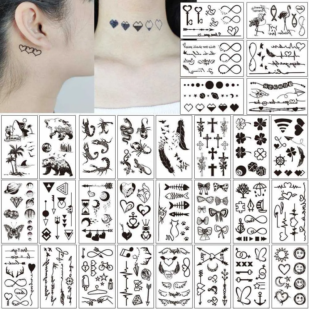 Tatuagens temporárias 30 folhas impermeáveis ​​preto minúsculo tatuagem mulher mulher corporal arte desenho de tatuagem temporária adesivos homens dedo palavras tatto rosto z0403