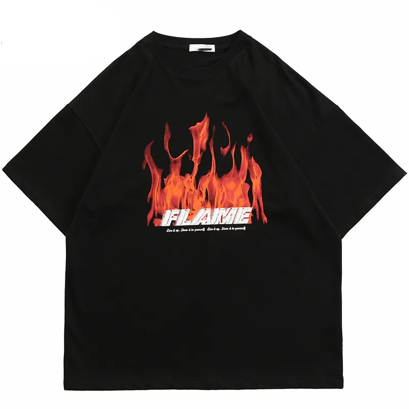 Hommes T-shirts Hip Hop Hommes T-shirts Streetwear Feu Flamme Imprimé À Manches Courtes T-shirt Harajuku Coton Lâche D'été y2k Vêtements Tops 230403