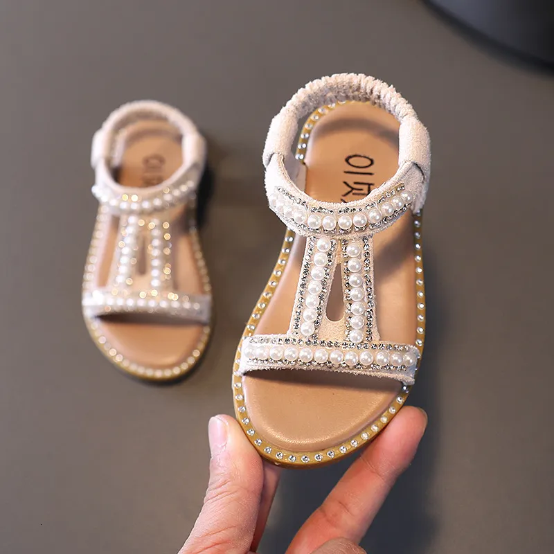 Sandals Girls Sandals Kids Summer Roman Shoes Elegant Pearl Party Princess Shoe Flats Non-slip Casual Girl Beach Sandal 230331