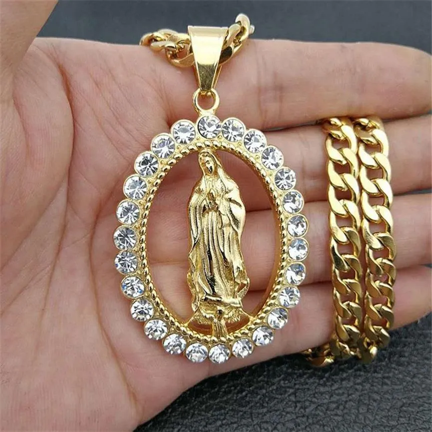 N7M7 Hip Hop Iced Out Bling Grande Vergine Maria Collane Pendenti Color oro Collana in acciaio inossidabile Madonna per gioielli da donna Y1220303l