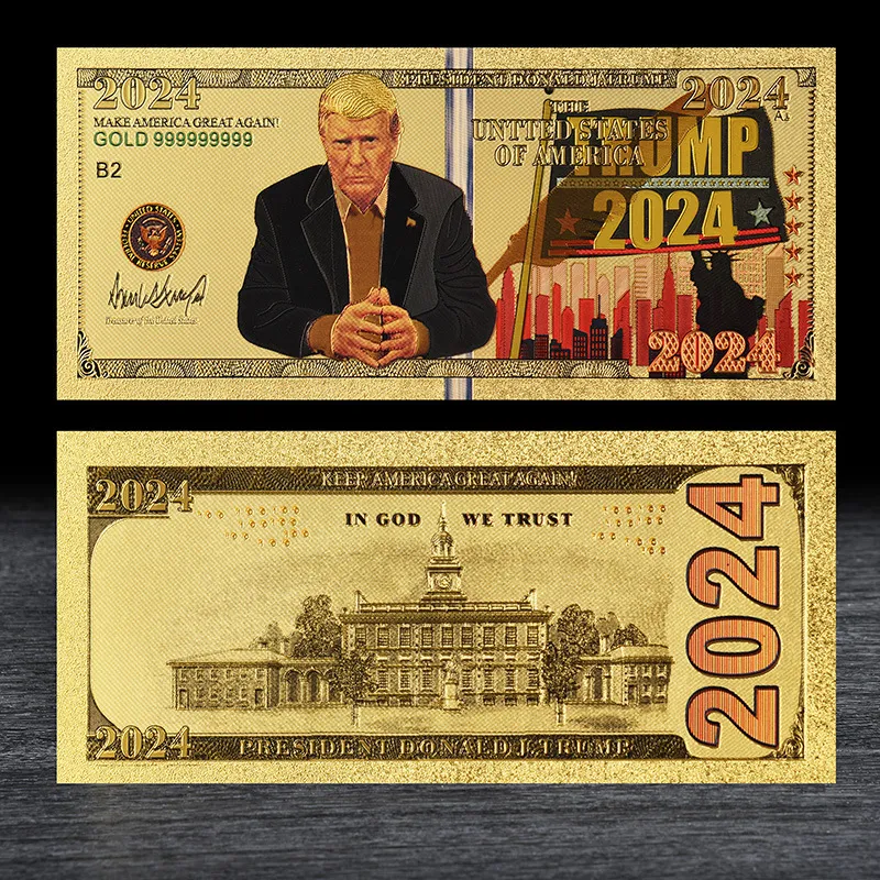 Fournitures de fête Trump 2024 Feuille d'or Impression couleur Billet de banque Favoris de la campagne présidentielle américaine Collection Dollar Bon commémoratif