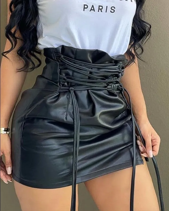 Signe Laceup High Waist PU Leather Mini Skirt Nightclub Sexy Personality Europe and America Fashion Womens Clothing 230403