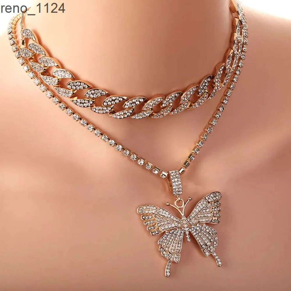 Fashion Hip Punk Style Rhinestone Butterfly Necklace for Women Miami Cuban Link Chain Necklace Tennis Chain Necklace