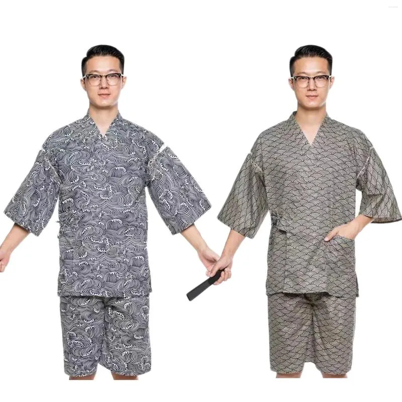 Ethnic Clothing 2023 Summer Japanese Traditional Samurai Kimono For Man Retro Yukata Short Sleeve Bathing Robe Hekoobi Sauna Wear Homewear