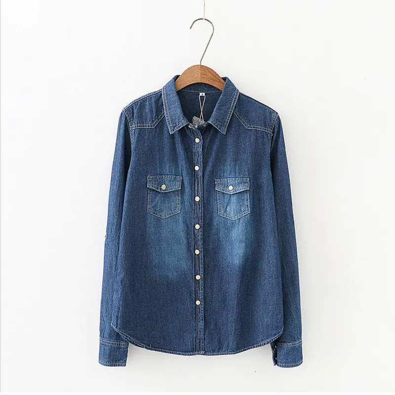 Women's Blouses Shirts Autumn Women Lapel Button Blue Long Sleeves Denim Jean Shirts Pocket Slim Jeans tops Blouse Plus Size blusas mujer 230331