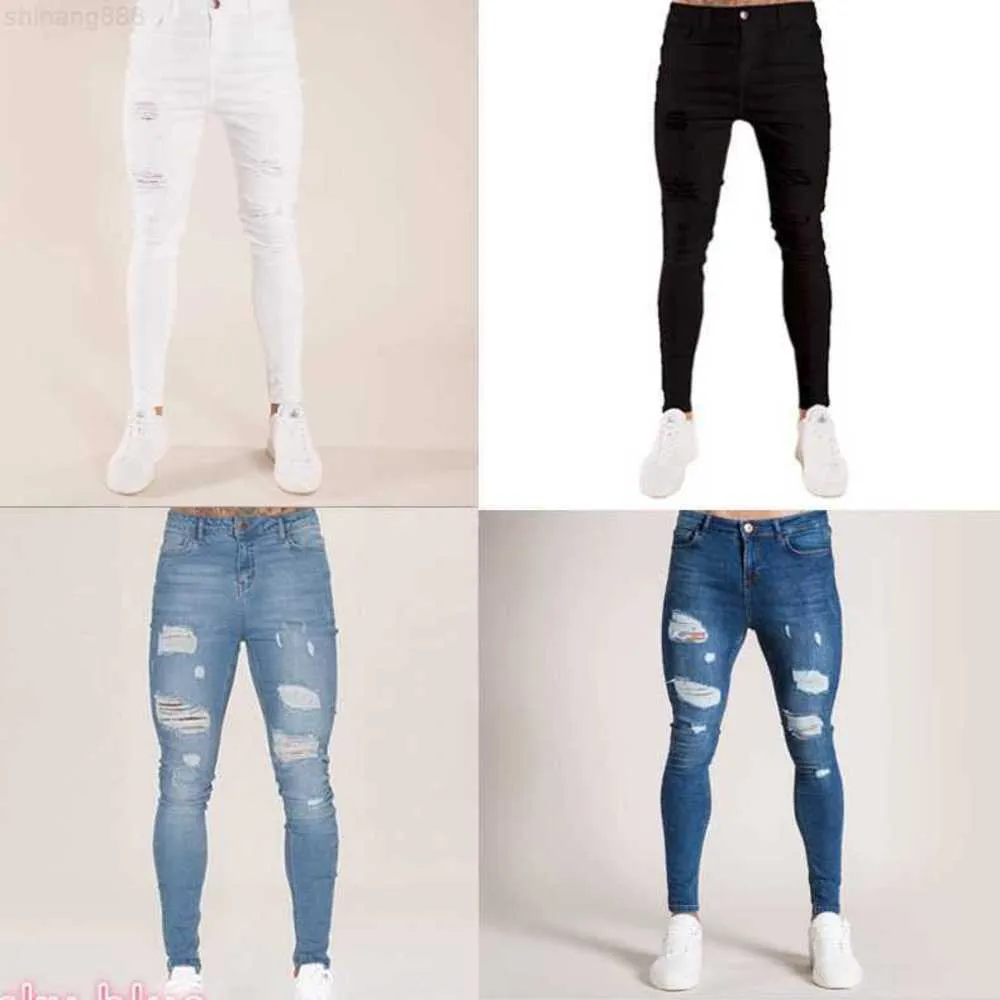 Herr jeans Nya herrbyxor 2021 Autumn White Hole Black Slim High midje Jeans Herrkläder