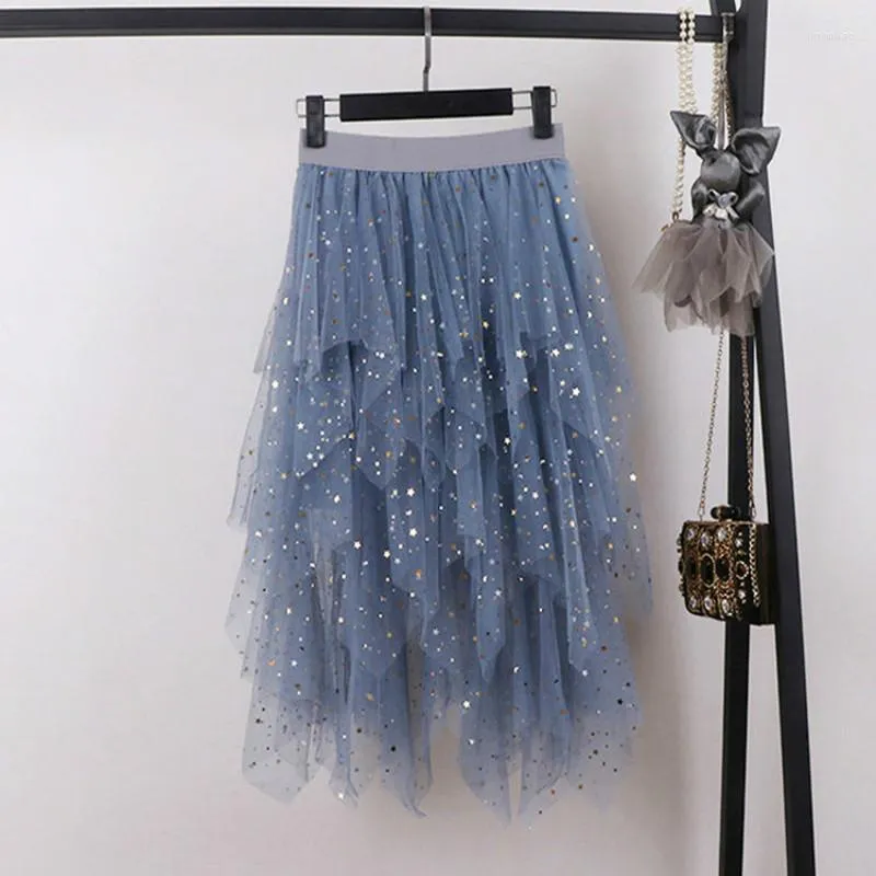 Skirts 2023 Summer Women Mesh Solid A-Line High Waist Layered Cake Tulle Ladies Irregular Sequined Pleated Tutu Z141