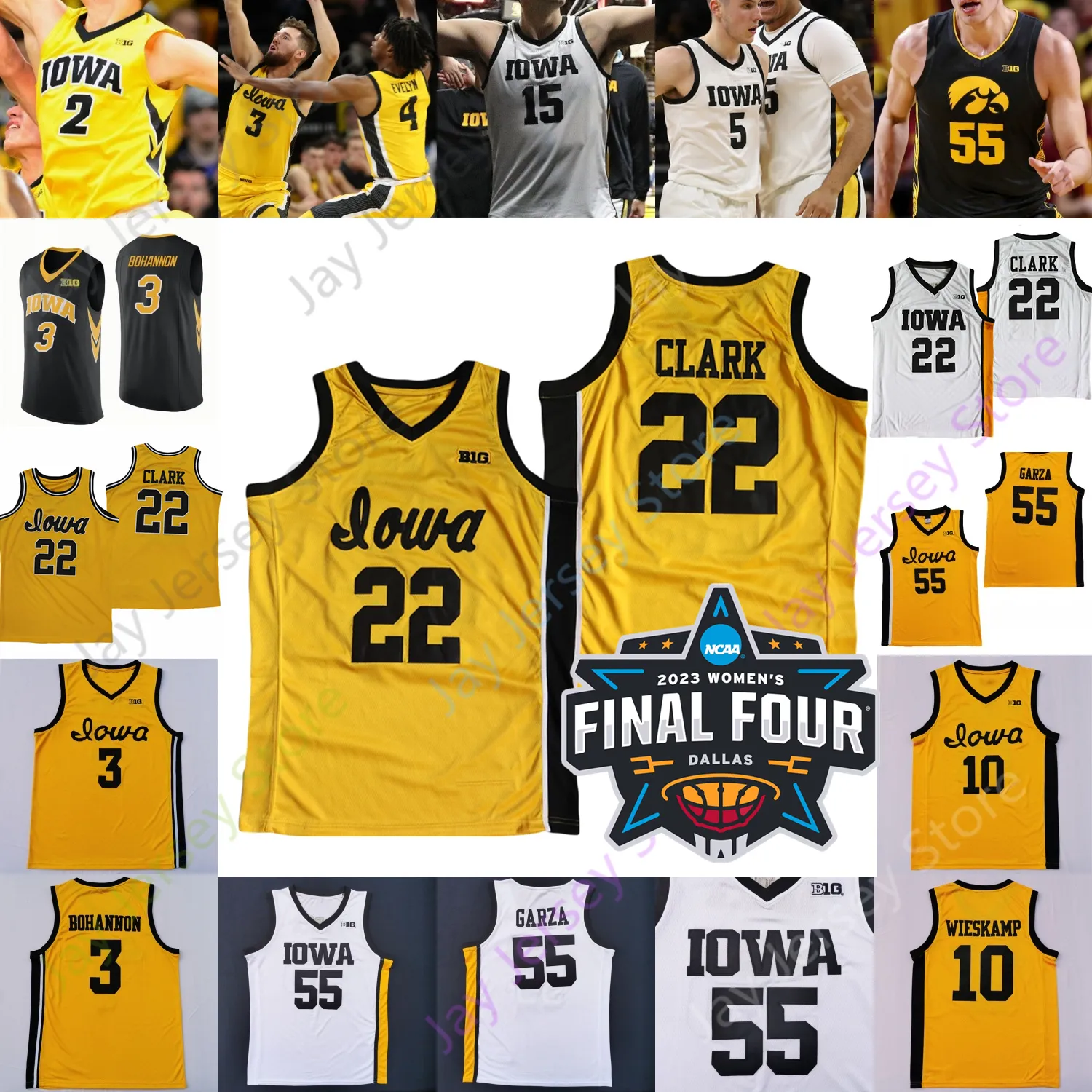 2023 النساء النهائي أربعة 4 4 Iowa Hawkeyes كرة السلة Jersey NCAA College Caitlin Clark Luka Garza 10 Joe Wieskamp 5 CJ Fredrick 3 Bohannon 30 Connor McCaffery 4 Ahron Ulis