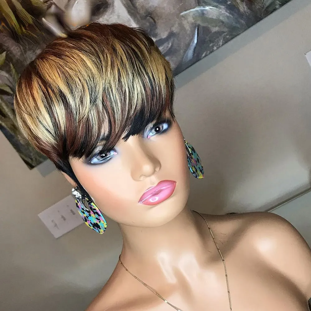 180density Full Short Cut Bob Wigs With Full Bangs Brazilan Full Lace Front Straight Pixie Wig Ombre Blonde Human Hair Wigs For Black Women