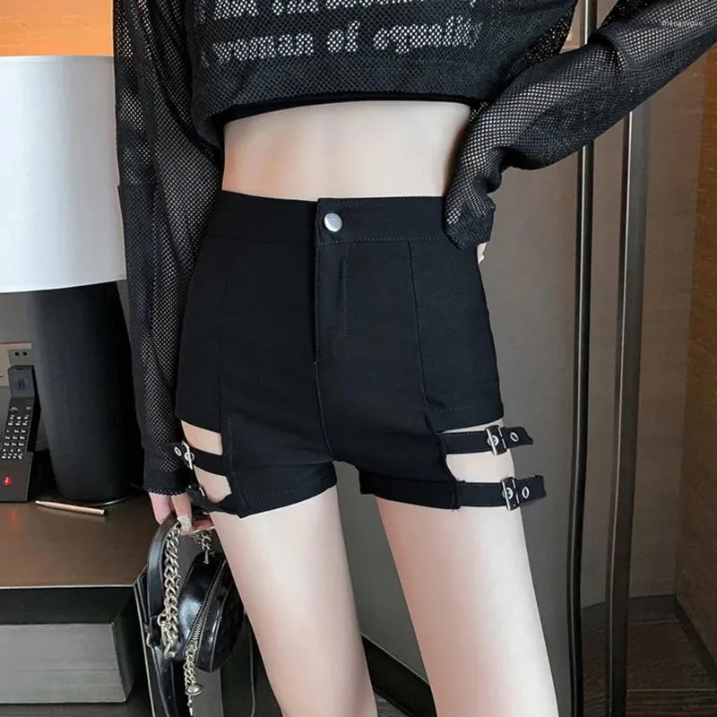 Shorts femininos sexy vintage preto elástico cintura alta apertado magro liga cinto punk
