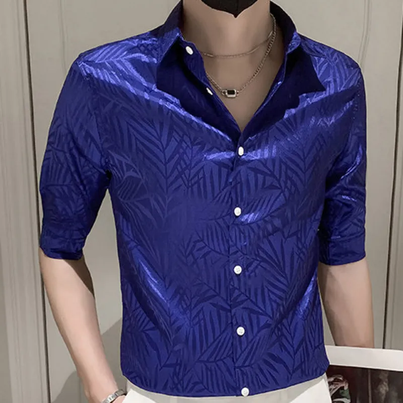 Lapel satynowe koszule dla mężczyzn na pół rękawie zwykła koszula shinny społeczna impreza smokingowa chemise homme streetwear men odzież