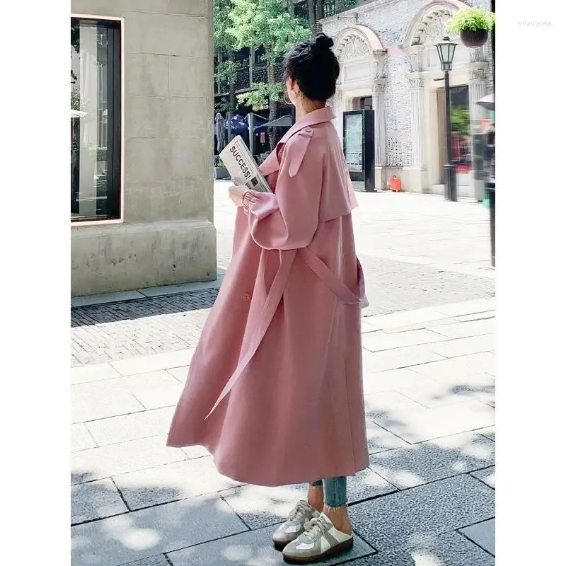 Damen-Trenchmäntel, rosa Jacken, Streetwear, lockerer Mantel, Midi-Länge, modische koreanische elegante Damen-Windjacke, lässige zweireihige Oberteile