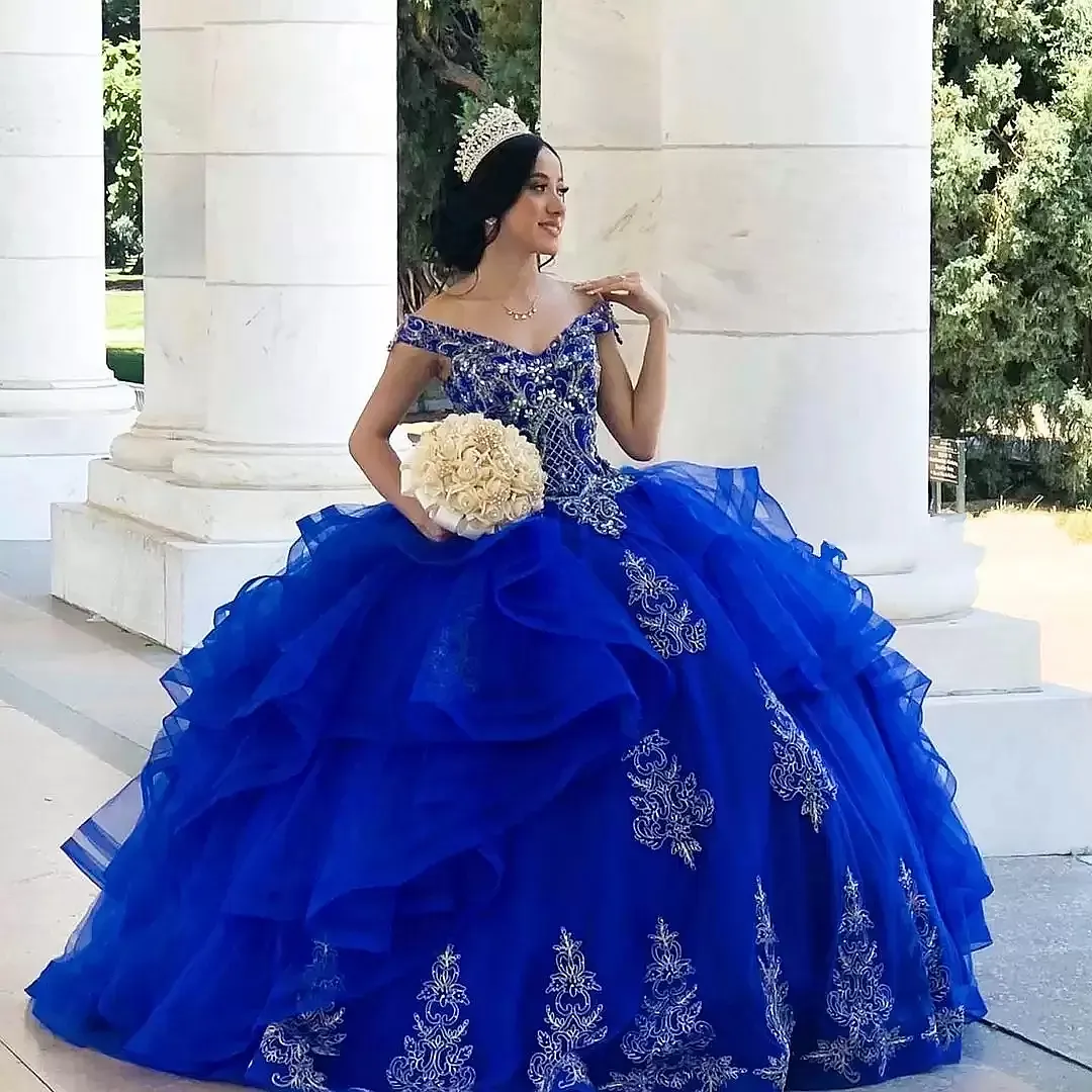 Оборфлики Организационные платья Quinceanera Royal Blue Sweet 16 Prom Party Plays v-образные платья золотые кружевы