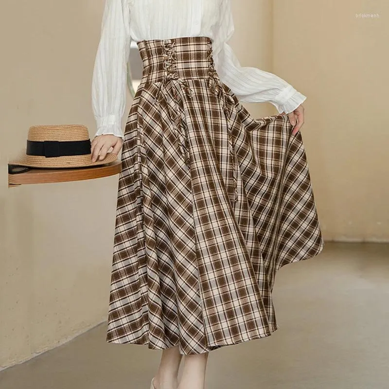 Kjolar vintage rutig lång kjol kvinnor sommar hösten hög midja spetsar upp a-line elegant faldas mujer
