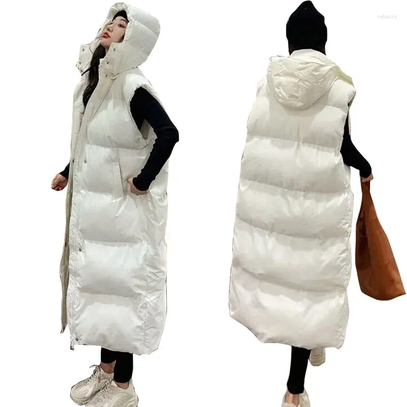 Kvinnors västar vinter huva väst kvinna lång kappa puffer 2024 koreansk höst outwear bälte kvinnlig ärmlös jacka