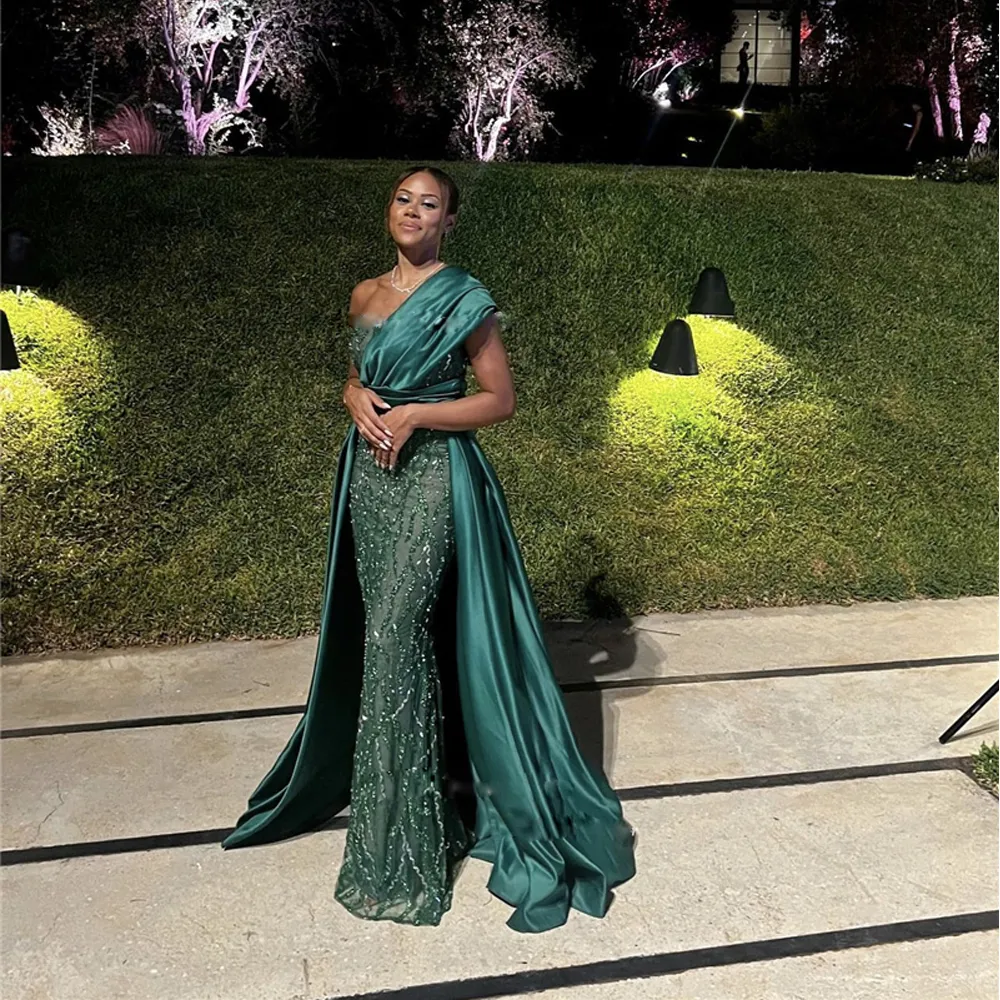 Green Womens Evening Dresses One Shoulder Overskirt Formal Prom Gown Beaded Sequined Arabic Dubai Vestidos De Novia 326