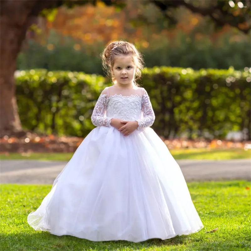 Robes de fille robe à fleurs blanc moelleux Tulle dentelle Applique à manches longues mariage enfant première fête d'anniversaire eucharistique