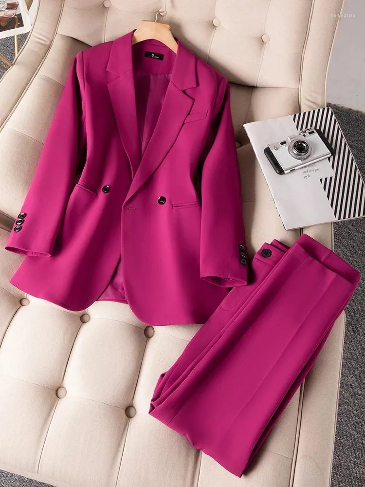 Zweiteilige Damenhose, Damen-Hosenanzug, Büro-Damen, weiblich, Business-Arbeitskleidung, Kaffee, Rosa, Schwarz, gerader Blazer und Hose mit einem Knopf