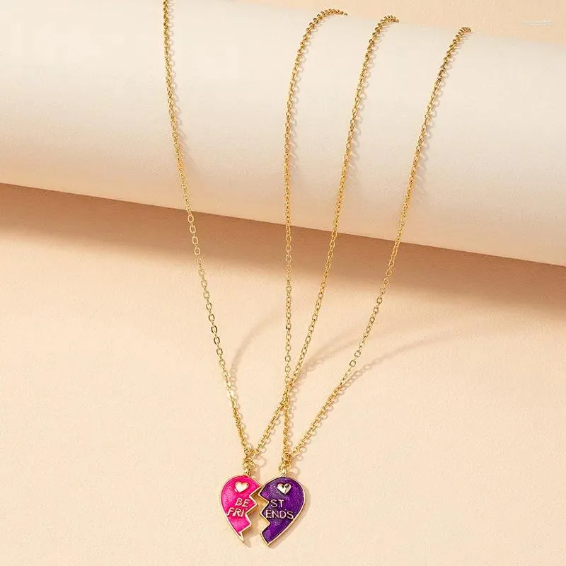 Chaînes 2pcs / Set Violet Rouge Amis Colliers Coeur Brisé Couture Pendentif Chaîne BFF Amitié Bijoux Pour Filles Femmes Couple