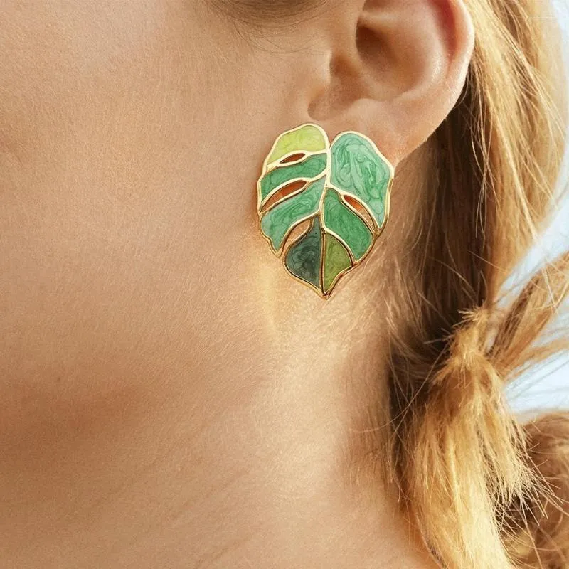 Stud Earrings Fashionable Korean Ladies Pull Flower Dripping Oil Green Leaf Exquisite Enamel Plant Pendant Jewelry