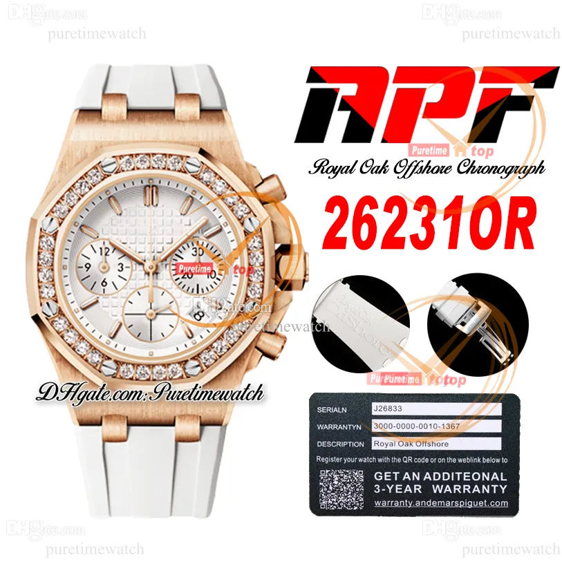 APF 37 mm 26231OR ETA A7750 Automatik-Chronograph Damenuhr Damenuhren Diamanten Lünette Roségold Silber strukturiertes Zifferblatt Weißes Gummi Superversion Puretime