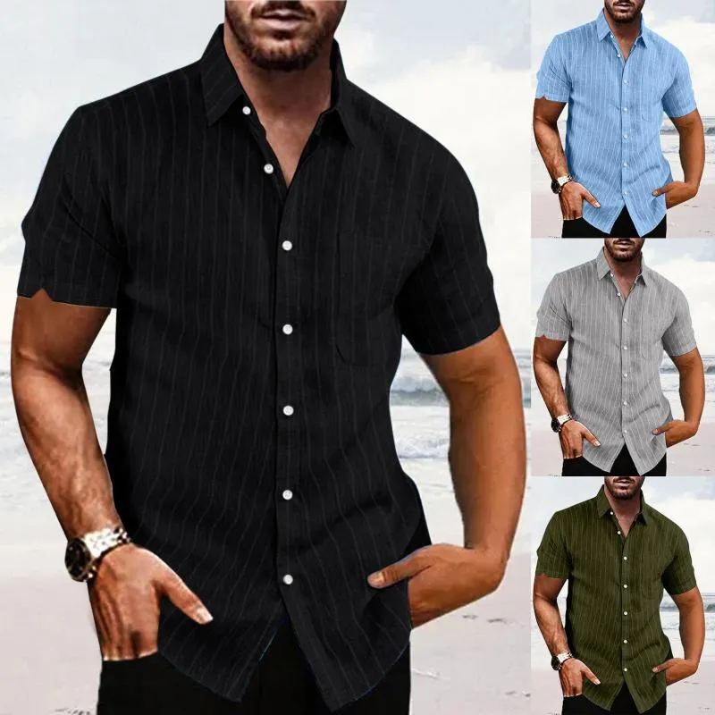 Camisas Casuais Masculinas 2023 Verão Masculina Camisa De Linho De Algodão  Polo Decote Listrado Manga Curta Blusas De Botão Cardigans Tops Para Homem  Vintage De $107,25