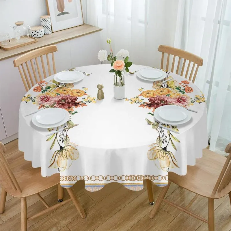 Taça de mesa Flores círculos folhas pintadas à mão Toca de mesa redonda Capa à prova d'água para refeições de decoração para festas de casamento