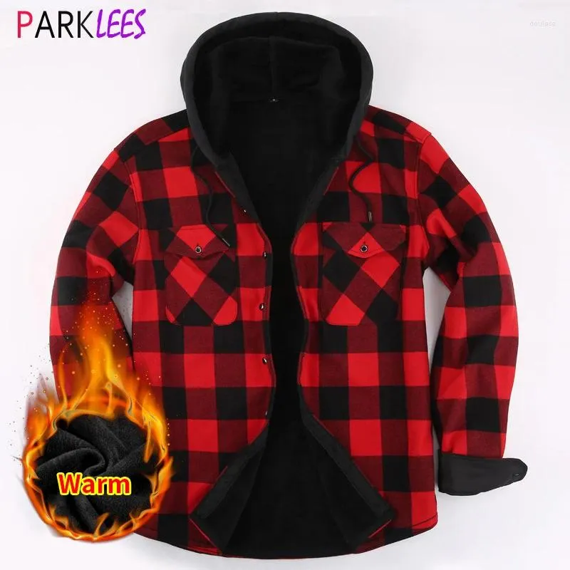 Chemises décontractées pour hommes Rouge Noir À Capuchon À Carreaux Western Cowboy Chemise D'hiver Veste Pour Hommes Polaire Lin Flanelle Chaud À Carreaux Mâle Chemise