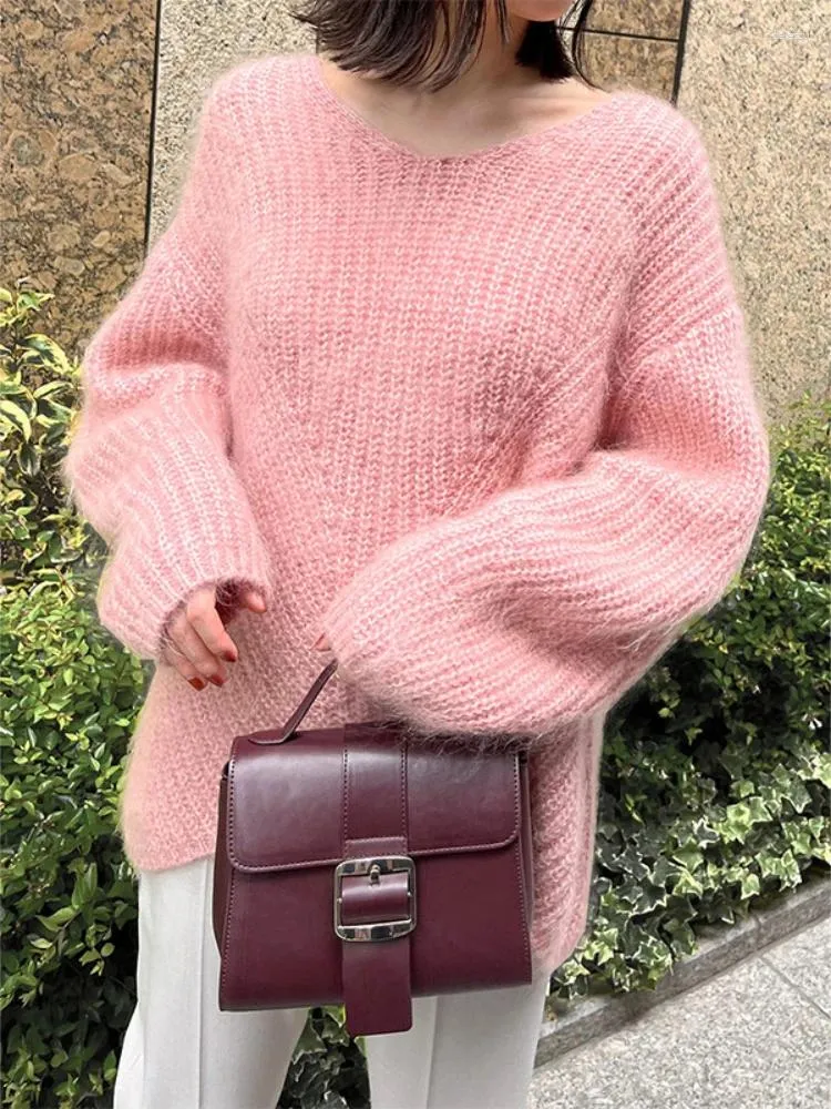 Pulls pour femmes élégant col en V manches longues mohair doux lâche vintage décontracté femmes japon chic automne hiver 2023 simple pull pull