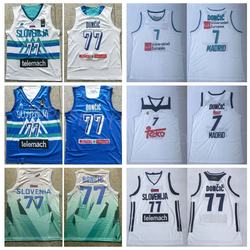 Euroleague Europe 7 Luka Doncic Slovenia Basketball Jersey 77 Вышивка колледжа колледжа 77 и сшитая университетская команда Blue White Color Deshate Sport