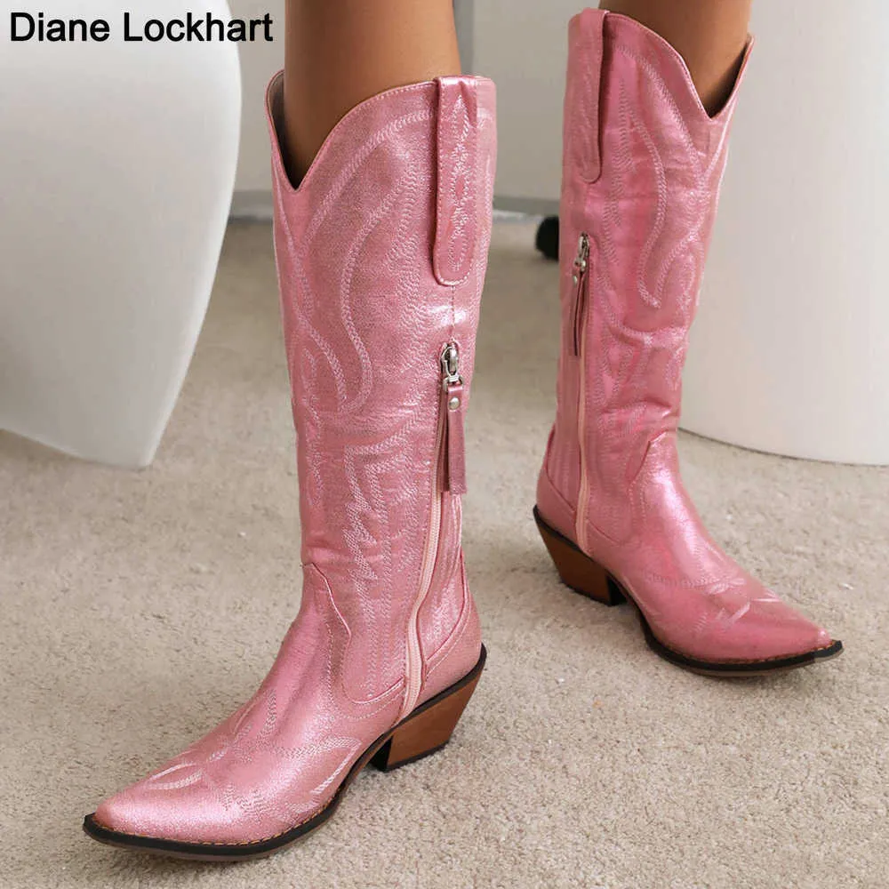Cowboy roze cowgirl -laarzen voor vrouwen 2022 Autumn trendy geborduurde puntige teen chunky hiel midden kalf westerse laarzen shinny schoenen 230403