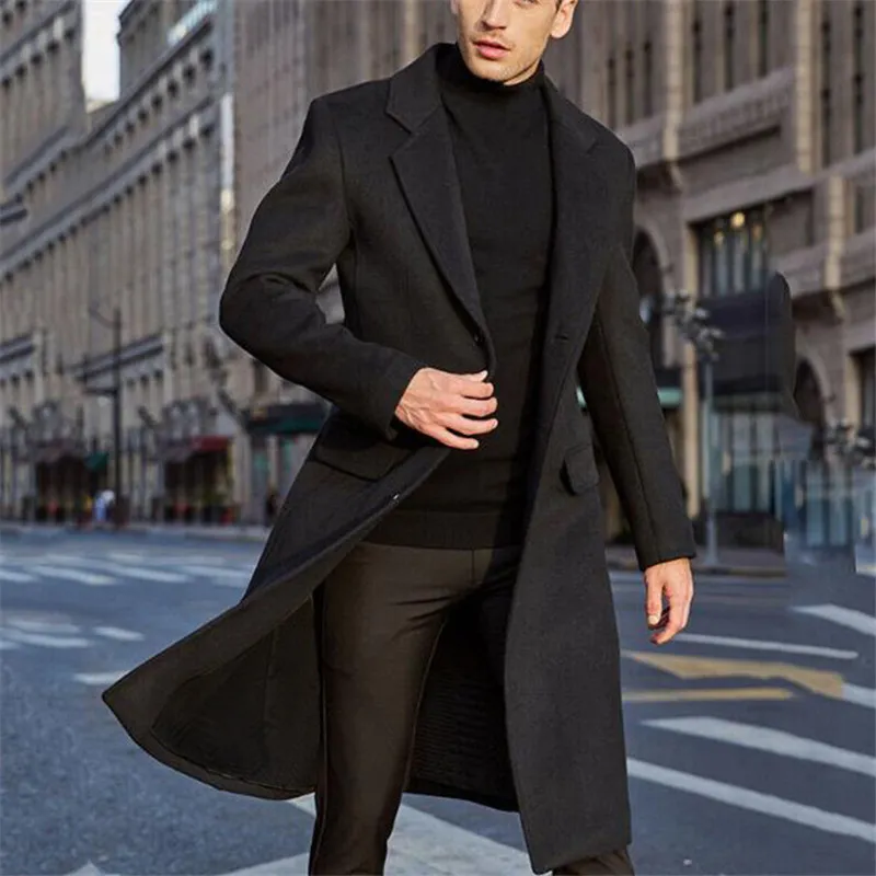 Jaqueta masculina outono inverno casacos casuais engrossar trench coat negócios sólido clássico casaco médio longo jaquetas topos roupas