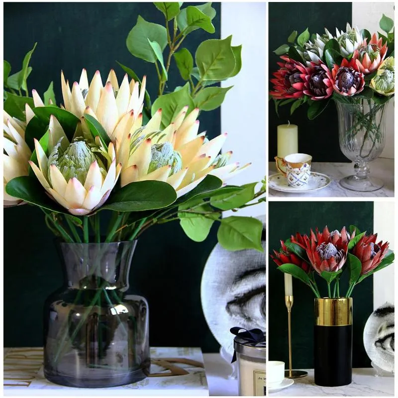 Dekorativa blommor konstgjorda blommor Silk King Protea Diy Arrangement Fake Emperor White Home Party Wedding Table Decoration