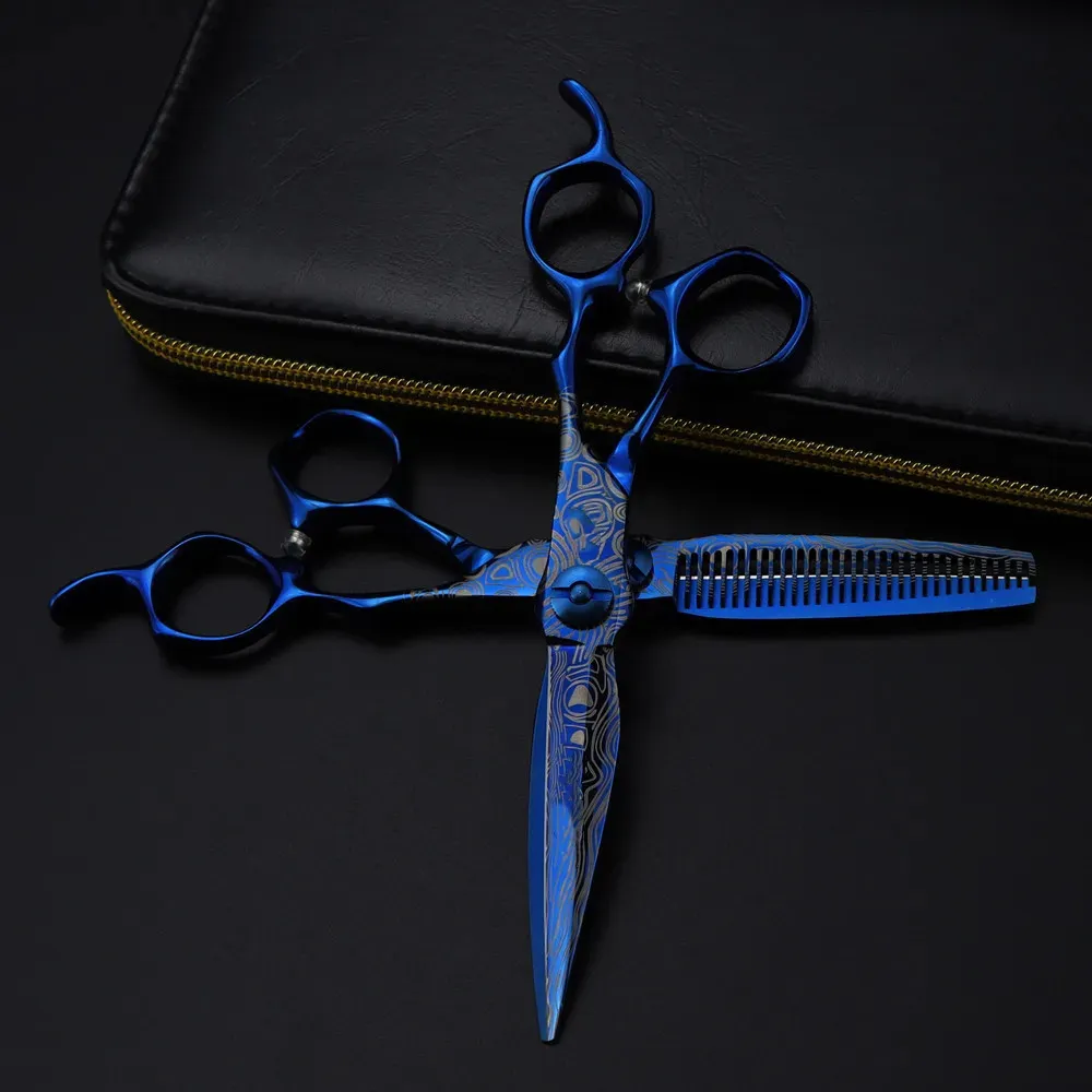 Tesoura profissional 6 ''tesoura de luxo azul damasco tesoura de cabelo ferramentas de corte de barbeiro tesoura de desbaste cabeleireiro 231102