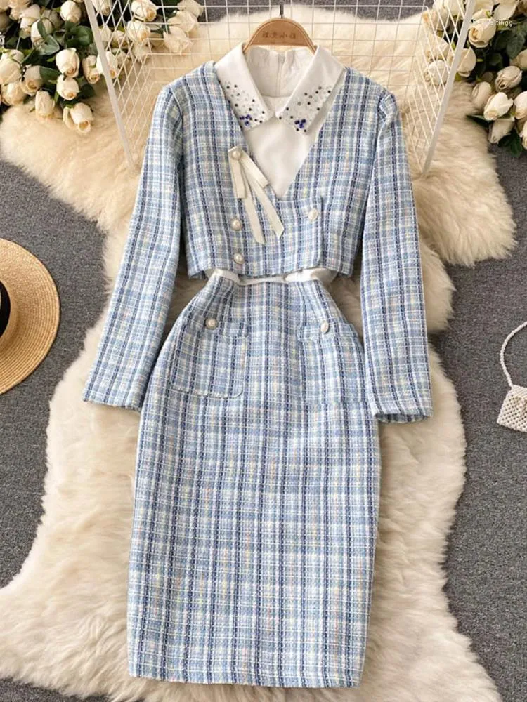 Casual Dresses FTLZZ Herbst Winter Elegante Frauen Kerbkragen Knopf Knielanges Kleid Büro Dame Empire Slim A-Linie Plaid