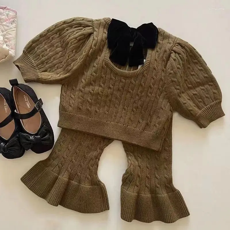 Clothing Sets Fashion Baby Girl Knitted Clothes Set Winter Autumn Toddler Child Bowknot Pullover Sweater Wide Leg Pants 2PCS Clothes1-10Y