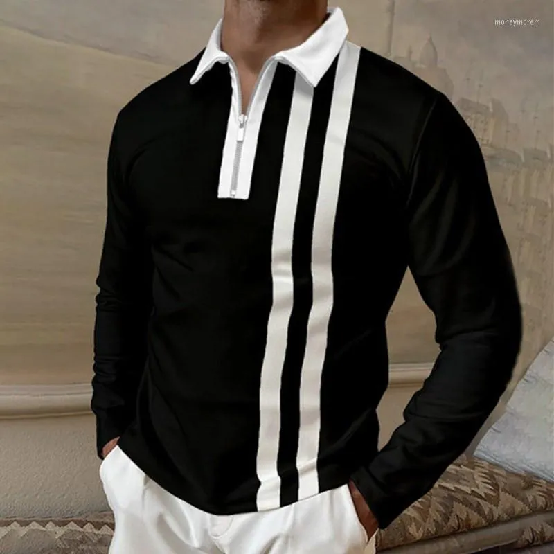 Polo da uomo POLO da uomo Risvolto con cerniera Colore bianco e nero abbinato a maniche lunghe Moda Casual T-shirt allentata Top Autunno 2023