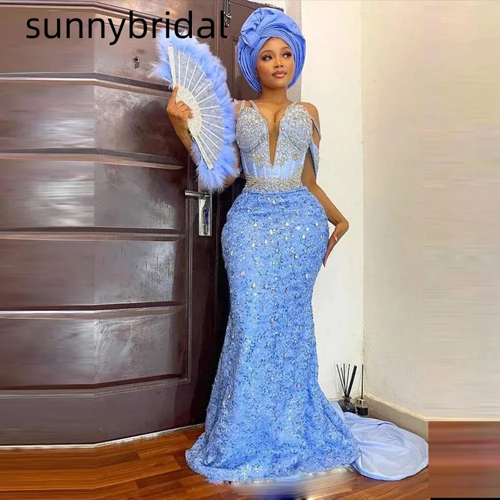 Glitter Blue Aso Ebi Spaghetti Prom feestjurken voor elegant feest uit schouder Afrikaans kristal kralen bruidsavondjurk zwarte meisjes speciale mantel