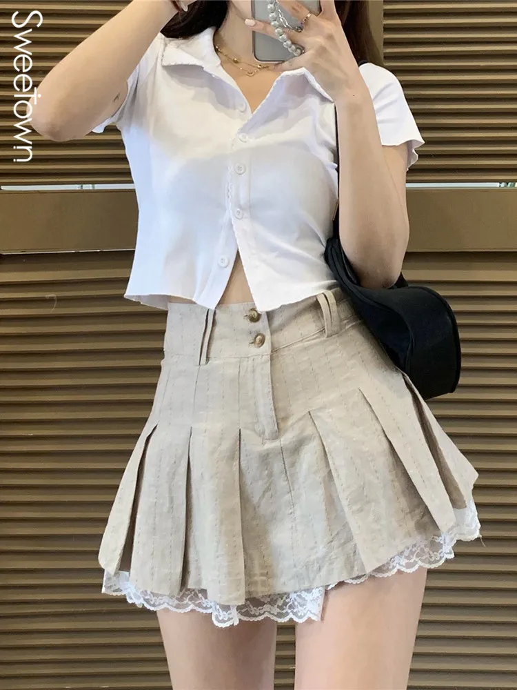 Spódnice Sweetown Korean Fashion Khaki krótkie koronkowe wykończenie urocze plisowane damskie styl Preppy Styl Up High Taist Summer 230403