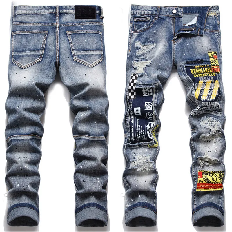 Nouveaux hommes Robin Ripper Jeans Denim pantalon coupe skinny Slim Dot peint stretch hommes Miri Biker Jean pantalon Patchwork gris vieilli Patch Moto wear