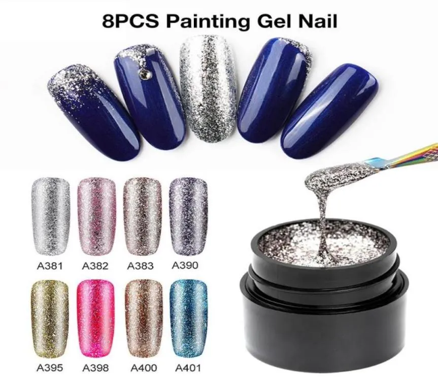 8 Uds. De barnices de Gel de uñas con diamantes, esmalte de Gel de LED UV brillante, esmalte de uñas con lentejuelas brillantes, pintura semipermanente DIY Art7277933