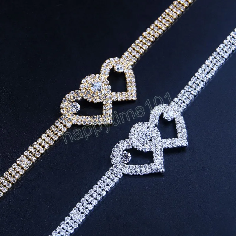 Fashion Silver Color Rhinestone Double Heart Anklet For Women Bling Hollow Out Foot Ankle Leg Armband Chain Jewelry