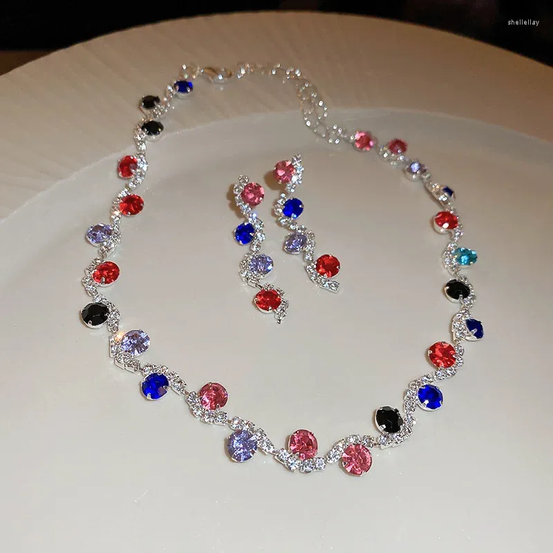 Necklace Earrings Set Colorful Round Rhinestone Stud Choker For Women Vintage Romantic Aesthetic Charm Fashion Luxury Jewelry