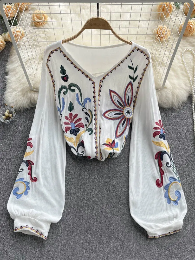 Bohemian Floral Embroidered Blouse Women s V Neck Lantern Sleeve Cotton Linen Top for Summer 2024 Loose Fit Casual Ethnic Style