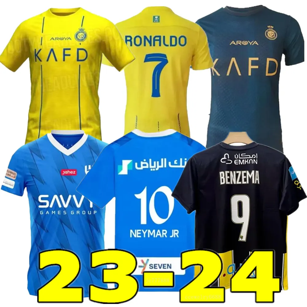 23/24 Al Nassr FC Ronaldo Futebol Jerseys Homens Crianças KitAl Hilal Uniforme Saudita CR7 Meninos Futebol Shiirt Benzema Fans Player Versão Jersey 2023 2024 Arábia Saudita