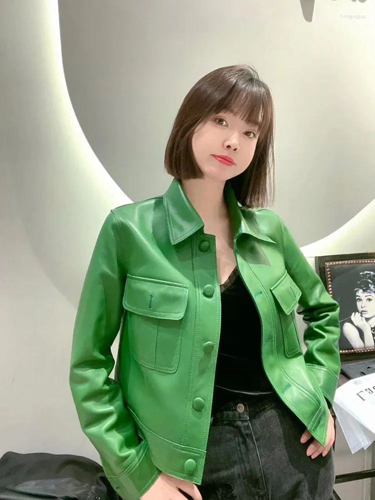 Women's Leather Spring äkta kappa Green Lady's Short Single-Breasted Sheepskin Casual All-Matching Lapel Motorcykeljacka