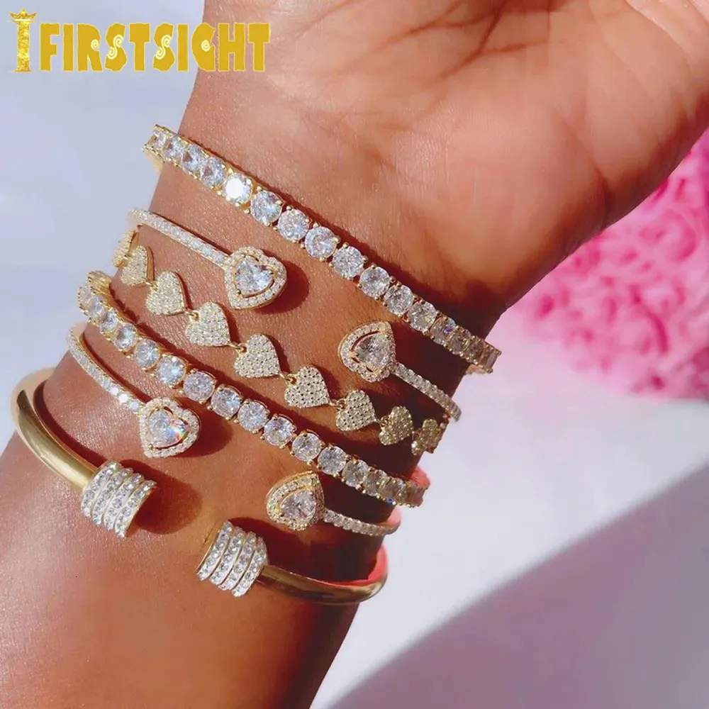 Bangle 2023 Iced Out Bling فتح سوار قلب سوار الذهب